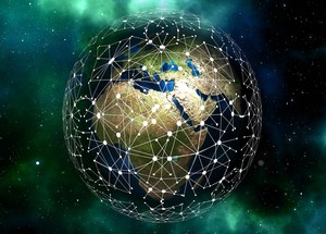 Globe terrestre avec réseaux informatiques symbolisés